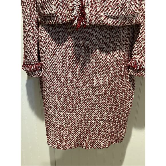 Vtg St John Knit Size 2 Skirt Suit Red & White Tweed Fringed Jacket Full Zip - Picture 8 of 16